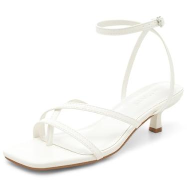 Imagem de MaxMuxun Sandálias femininas 2026 com tiras de salto baixo gatinho bico quadrado aberto chinelos de verão sapatos de festa, Branco, 40