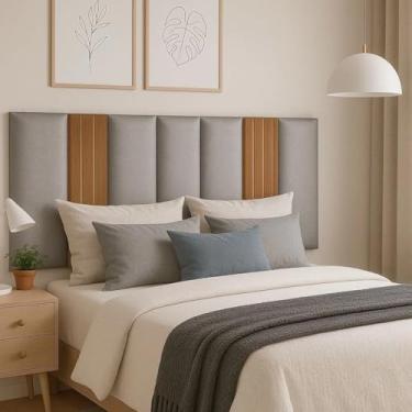 Imagem de Kit Cabeceira Cama Box Casal Estofada Com Ripado Mdf Freijó (Cinza/Freijó, Casal)