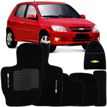 Imagem de Jogo Tapete Automotivo Carpete + Lixeira Gm Celta 2002 à 2018 Soft Logo Bordado Preto 6 Peças
