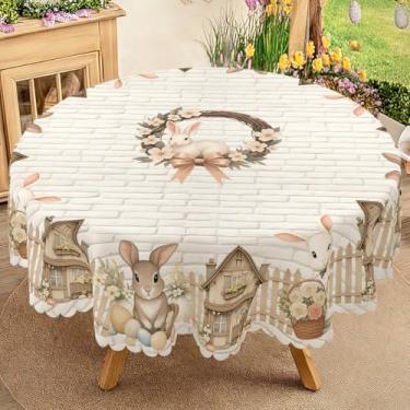 Imagem de Toalha de mesa de Páscoa, toalha de mesa retrô branca clara com estampa de coelho de guirlanda, toalha de mesa redonda de poliéster impermeável para decoração de primavera, piquenique, jantar, cozinha