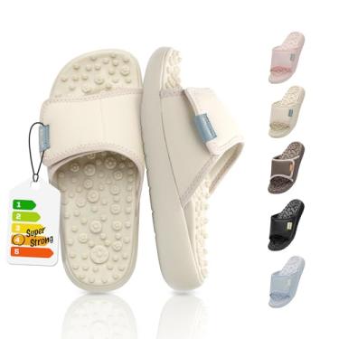 Imagem de BALLOP Mamuring Sandálias deslizantes bege de acupressão para homens e mulheres – Pantufa de massagem nos pés com pontos de reflexologia assimétrica e suporte de arco para alívio da dor e conforto