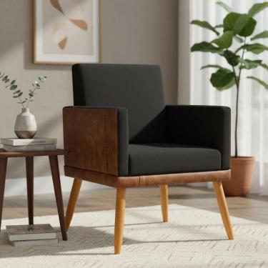 Imagem de Poltrona Decorativa Para Sala Recepção Escritório Consultório Lis Corino Peroba e Suede