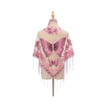 Imagem de Lenço Elegante Feminino Com Estampa De Borboleta E Renda, Cachecol De 