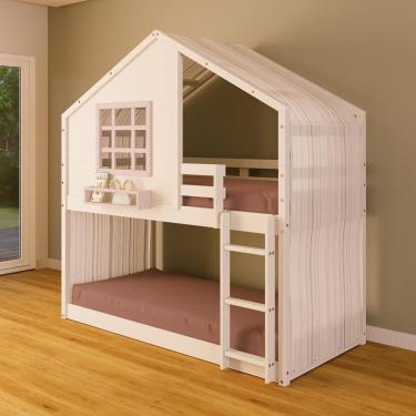 Imagem de Beliche Montessoriano Casinha Com Janela E Cortina Madeira Maciça Branco/rosa Housin