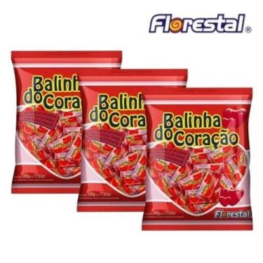 Imagem de Kit 3 Bala De Coração Florestal Morango com Leite Condensado 500G