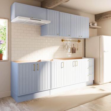 Imagem de Cozinha Modulada 6 Peças 3 Aéreos 3 Balcões sem Tampo Marselha Cabecasa Madeiraoriginals Azul Sereno