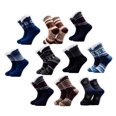 Imagem de Kit 10 Pares De Meias Térmica Forrada Lã Adulto Unissex Antiderrapante