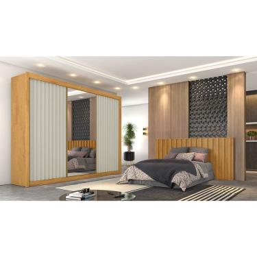 Imagem de Guarda Roupa Casal Grécia 3 Portas de Correr 6 Gavetas MDF com Espelho Peroba-Off White