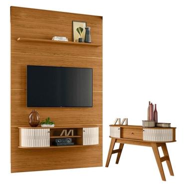 Imagem de Estante Home Theater com Bancada Suspensa Monte Carlo com Aparador Estoril Naturale Off White – Madetec