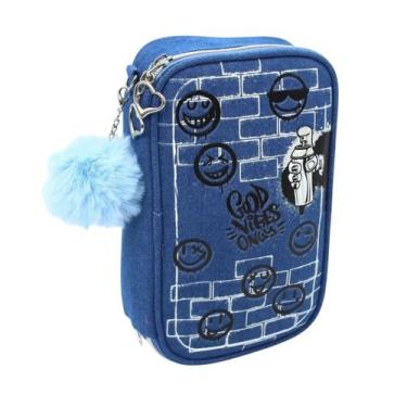 Imagem de Estojo Material Escolar Grande Jeans Divisórias Pompom Azul Reforçado 