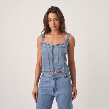 Imagem de Top Jeans Alças Largas Lapelas Ziper Frontal Azul Claro - Bloom, Jeans