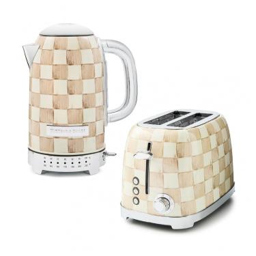Imagem de Conjunto chaleira elétrica e torradeira 2 fatias MacKenzie-Childs Mocha Check marrom e branca inox 110V