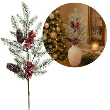 Imagem de Galho Decorativo Natalino Pinheiro Nevado com Pinhas e Berries 68cm Verde Yangzi