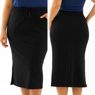Imagem de Saia Midi Plus Size Moletinho Com Bolsos E Fenda - Organiky, Preto
