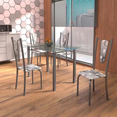 Imagem de Conjunto de Mesa de Cozinha com Tampo de Vidro e 4 Cadeiras Melissa Transparente, Prata e Bege