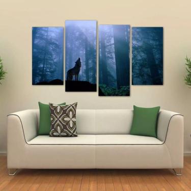 Imagem de Quadro Decorativo Paisagem Lobo Uivando Sala Tecido 4 Peças