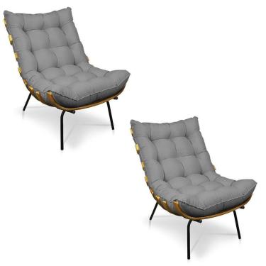 Imagem de Kit 02 Poltronas Costela Linho Base De Metal - D`Rossi A26 Grafite