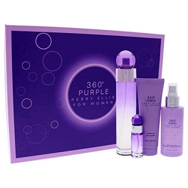 Imagem de Perry Ellis Spray EDP 360 Purple Women 100 ml, mini spray EDP de 7,5 ml, névoa corporal de 118 g, gel de banho de 85 g, conjunto de presente com 4 peças
