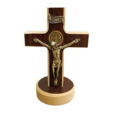 Imagem de Cruz Crucifixo em Madeira Com Medalha de São Bento De Mesa E Parede Com Base Removível 11,5cm