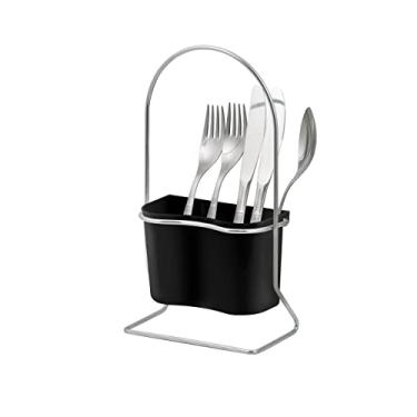 Imagem de Porta Talher em Plástico Preto Suporte em Aço Cromado Organização Cozinha