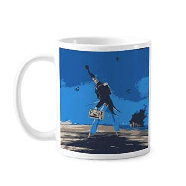 Imagem de Caneca de cerâmica com ilustração grotesca de fundo azul de desenho animado xícara de porcelana café louça