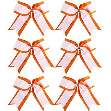 Imagem de 20 cm, 2 cores, 2 camadas, 6 peças, laço de líder de torcida, suporte de rabo de cavalo, laços de torcida, laço elástico para cabelo para torcida de colégio, Orange/White