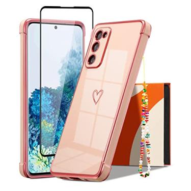 Imagem de ZTOFERA Capa projetada para Samsung Galaxy S20 FE 5G (3 em 1), padrão de corações de amor com borda de revestimento de luxo com proteção de lente de câmera capa de telefone + tela + pulseira para mulheres e meninas - rosa