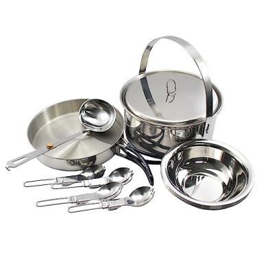 Imagem de CIADAZ Kit de utensílios de cozinha para acampamento para 4 pessoas conjunto de cozinha de aço inoxidável com panela de sopa colher tigelas dobráveis sporks equipamento de cozinha ao ar livre para