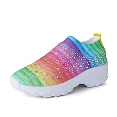 Imagem de GOSPT Tênis feminino de malha para caminhada, strass, glitter, sem cadarço, para salão, jazz, dança latina, meia, Iridescence, 35