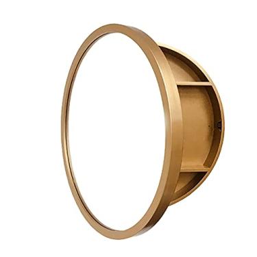 Imagem de Armário de espelho de banheiro redondo Armário de medicamentos de madeira maciça de 19,6 polegadas com espelho antiembaçamento, armazenamento montado na parede de 3 camadas com prateleira de madeira