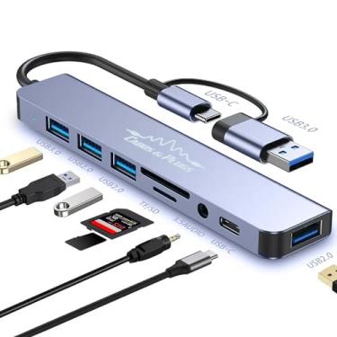 Imagem de Cabos & Plugs, Hub USB-C e 3.0, 8 em 1 com P2 Stereo, USB-C dados, USB 3.0, 2 USB 2.0, leitor de cartões SD/TF
