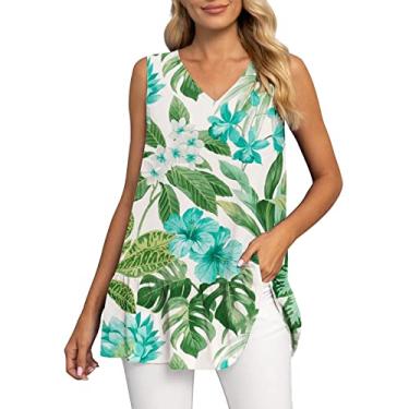 Imagem de Regata feminina de verão, plissada, gola V, sem mangas, folgada, de chiffon Hawailan, túnica, #02 Floral verde menta, M