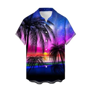 Imagem de Elogoog Camisa masculina havaiana divertida Aloha manga curta abotoada vintage boliche tropical verão praia camisa, F-roxo, M