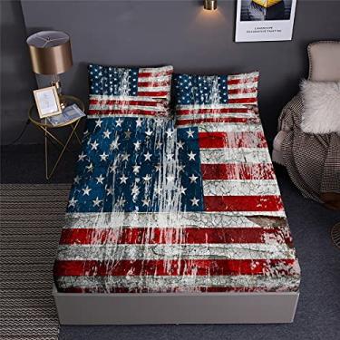 Imagem de Faeralei Jogo de lençol vintage com bandeira americana patriótica patriótica, 3 peças, estrelas e listras, vermelho, branco e azul, inclui 1 lençol com elástico + 2 fronhas (B, lençol Queen - 3 peças)