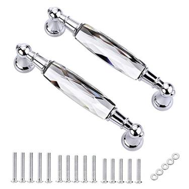 Imagem de JuxYes Pacote com 2 puxadores de cristal para armário, puxador decorativo de vidro prateado cromado puxadores de gaveta modernos para gavetas de armário para armário de gaveta de cômoda (5 polegadas)
