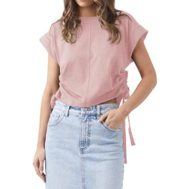 Imagem de Tankaneo Camisetas femininas casuais de verão de manga curta franzidas laterais folgadas, rosa, P