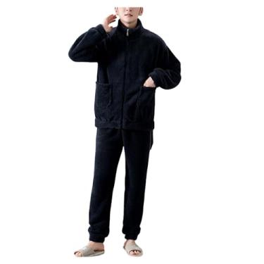 Imagem de Conjunto de pijama masculino de flanela de cor sólida, conjunto de pijama com zíper, conjunto de 2 peças, Azul-escuro, XXG