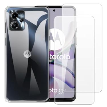 Imagem de Capa compatível com Motorola Moto G13 4G + [2 unidades] Película de vidro temperado - Silicone TPU flexível macio para Motorola Moto G23 4G (6,5 polegadas) (transparente)