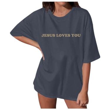 Imagem de Camiseta feminina Love Her Mama Loves Jesus Jesus caimento solto moda gráfica férias na praia camisetas grandes inspiradoras, 04 - Cinza, XXG