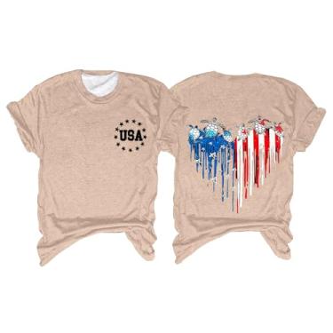 Imagem de Camiseta feminina bandeira americana 4th of July Shirts Stars Stripes Heart Graphic Túnica manga curta camiseta patriótica, Bege, G