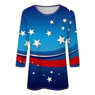 Imagem de Camisetas femininas 4Th of July Stars Stripes Patriotic manga 3/4 gola redonda com estampa engraçada, Azul, G