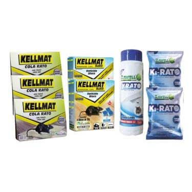 Imagem de Kit Raticida 3 Kellmat Cola + 2 Cx Kellmat Bloco 4x20g + 1 K-Rato Pó 100g + 2 Ki-Rato Soft Bait 200g Uso Doméstico