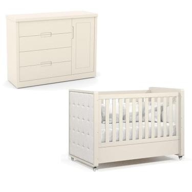 Imagem de Berço Americano com Capitonê New Boucle e Cômoda Infantil Tutto New Off White - Matic