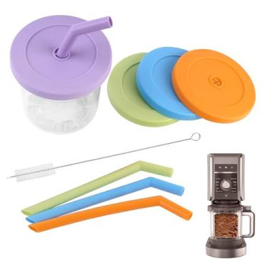 Imagem de IMPRESA [Pacote com 4] Conjunto de canudo de silicone e tampa reutilizável para Ninja Creami NC300, NC301 e NC299AMZ - Canudos espessos reutilizáveis com tampas de silicone