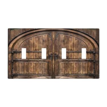 Imagem de Xuejiaku Capa para interruptor de luz, porta de celeiro ocidental, madeira marrom, casa de fazenda, 4 gangs, placas de parede com interruptor quádruplo placa decorativa para decoração de quarto de