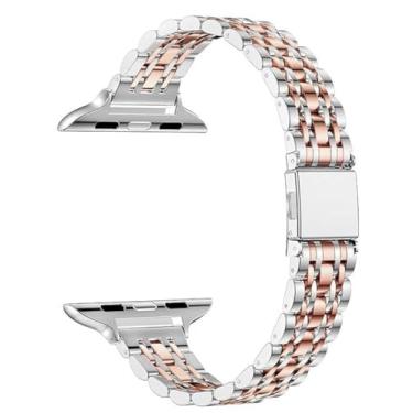 Imagem de MaKTech Pulseira de Aço Inoxidável Feminina com Sete Peças Pulseira de Metal de 14mm para Apple Watch 10/9/Ultra 2/SE/8/7[2024] (46mm/45mm/44/49mm,Esbelto-Prata/Rosa Ouro)
