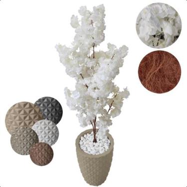 Imagem de Flor Cerejeira Branca Japonesa Arranjo Artificial com Vaso de Decoraçã