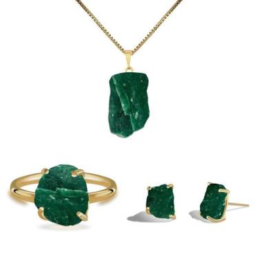 Imagem de Conjunto Natura Jaspe Verde - Cristal Natural, Banho Ouro 18k