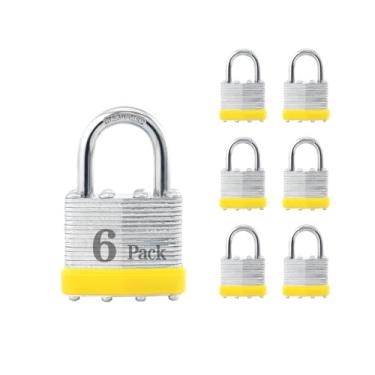 Imagem de ZonRo Cadeados com chave de aço laminado, fechaduras semelhantes com chave, 4 cm de largura, cadeados de manilha normal, pacote com 6, aro amarelo, para trava de ferrolho, galpões, cercas, armário de