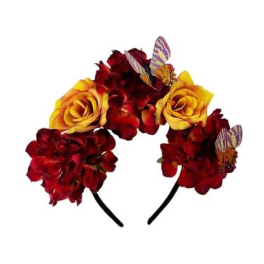 Imagem de HANSAMU Mexican Rose Flower Crown Headband for Women Day of The Dead Floral Headband Festival Halloween Party Cosplay Costume Hair Accessories (Red Orange)